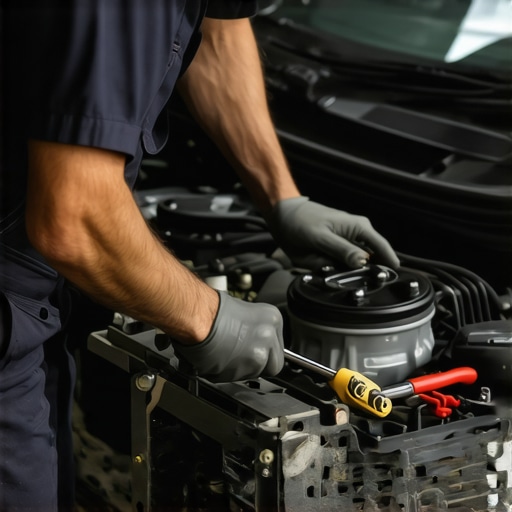Mechanic examining engine components during a tune-up.