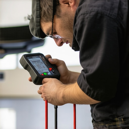 Mechanic measuring brake rotor thickness with a digital caliper and analyzing vehicle data with a scan tool