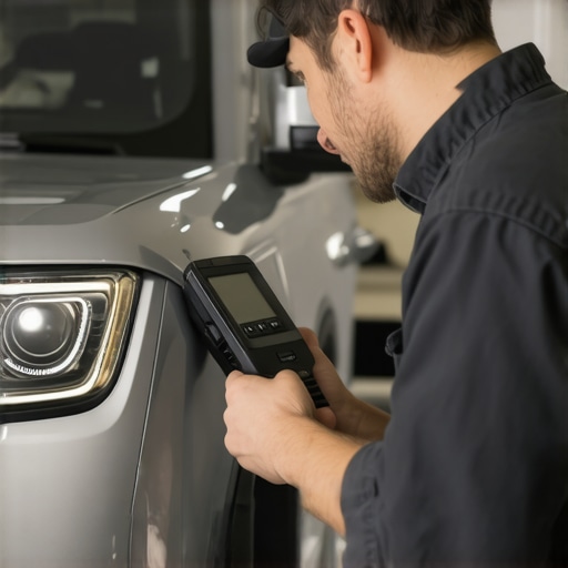 Mechanic diagnosing car engine using an OBD-II scanner in a garage.