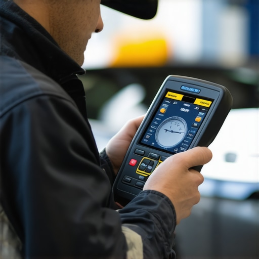 A mechanic connecting an OBD-II diagnostic tool to a car's port in a well-equipped garage