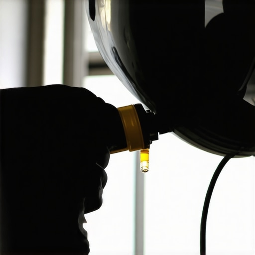 A mechanic inspecting and refilling brake fluid in a car's reservoir in a workshop.