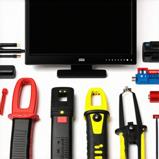 A professional mechanic's workspace with diagnostic tools, laptops, and car sensors for auto repair.