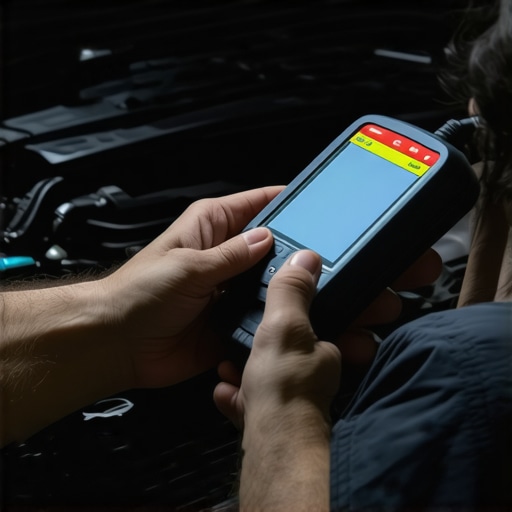 Mechanic in a workshop actively diagnosing a vehicle with an advanced OBD-II scanner
