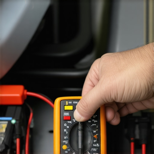 Mechanic testing car electrical system with multimeter