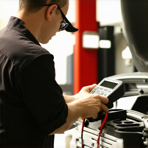 Mechanic performing vehicle diagnostics with multimeter and diagnostic scanner in garage.