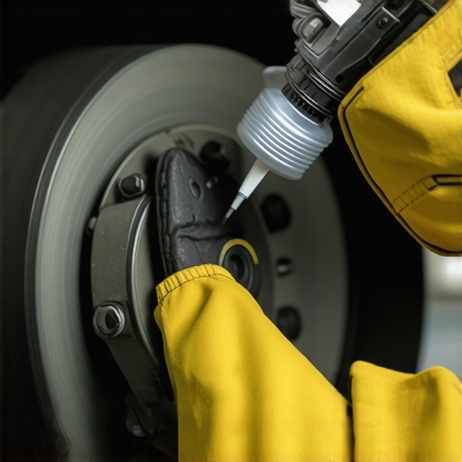 Mechanic lubricating brakes during installation to prevent squealing