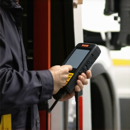 Mechanic calibrating brake system equipment in a professional garage.