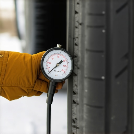 Person measuring tire pressure with a gauge on a winter tire