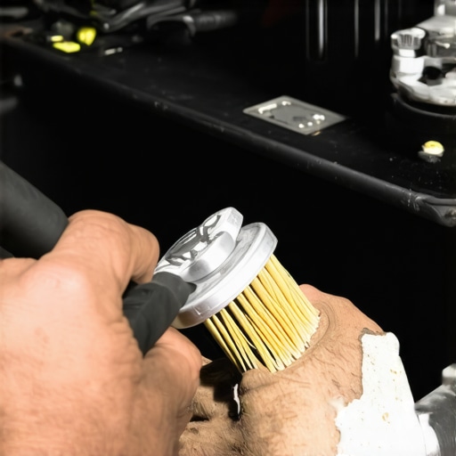 Person cleaning car battery terminals with wire brush, corrosion removal process