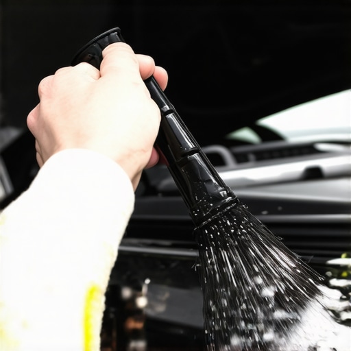 A mechanic cleaning a car's throttle body with a brush and spray cleaner