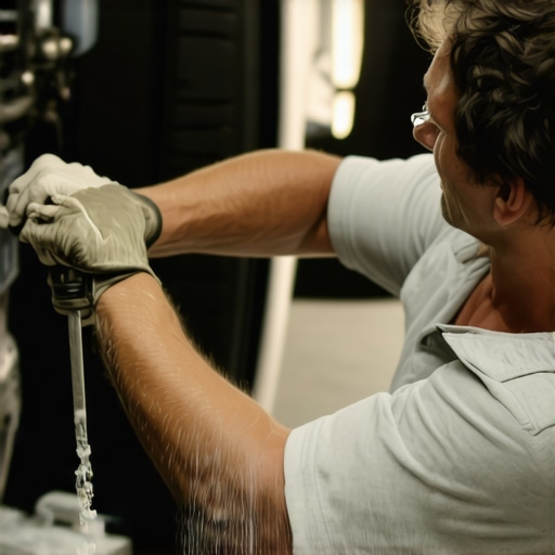 Mechanic cleaning a car's throttle body with spray and brush in garage.