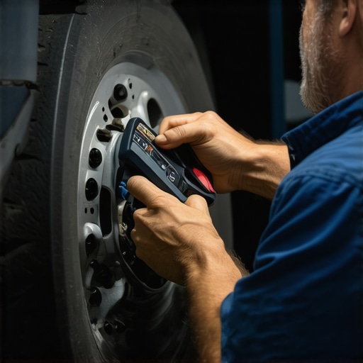 Deep Brake Inspection Mechanic using diagnostic equipment to inspect car brake pads and components