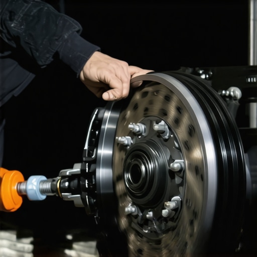 Mechanic examining car brake components during service