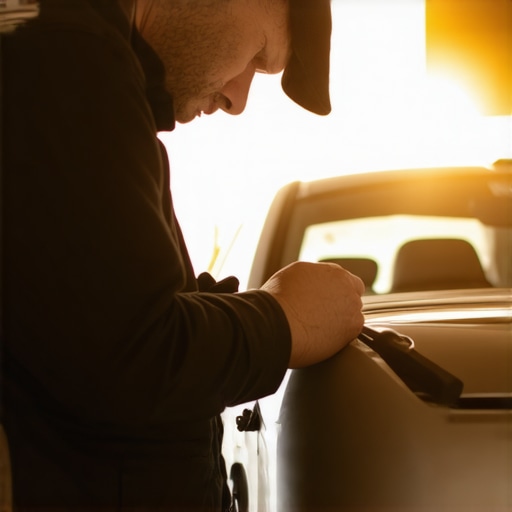 Mechanic examining car seats and floor for water stains and damage