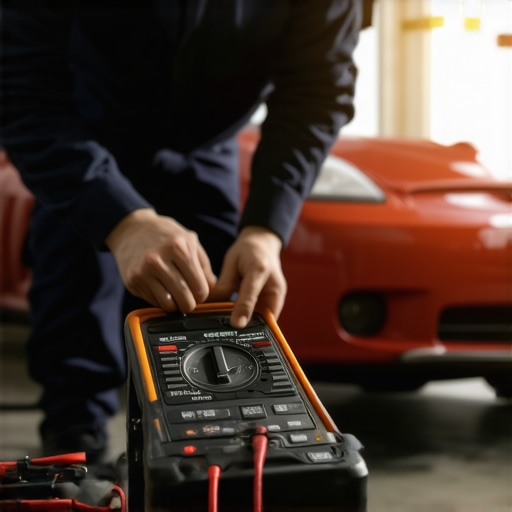 Mechanic testing car battery with multimeter to check alternator performance