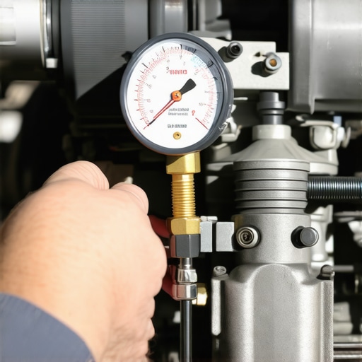 Mechanic checking engine compression using gauge