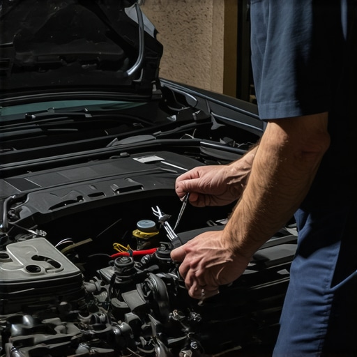 Mechanic checking engine belts with tools in a car repair shop