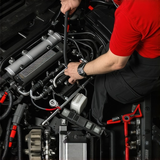 Mechanic inspecting engine components during troubleshooting.