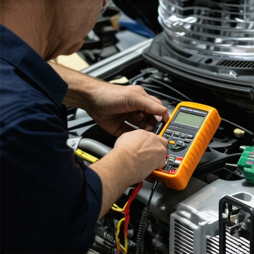 Mechanic testing car electrical system with a multimeter in a well-equipped garage
