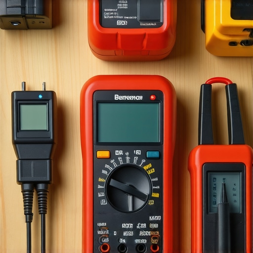 Essential Automotive Diagnostic Tools Set of car repair tools including multimeter, diagnostic scanner, and thermal camera on a workshop table