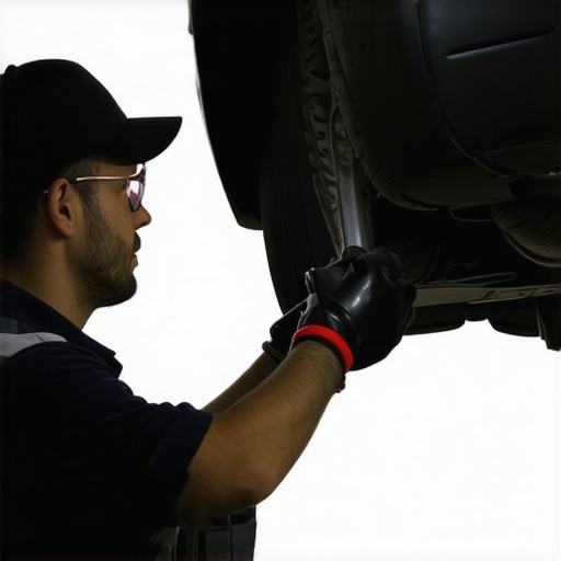 Mechanic checking exhaust pipe and catalytic converter during repair