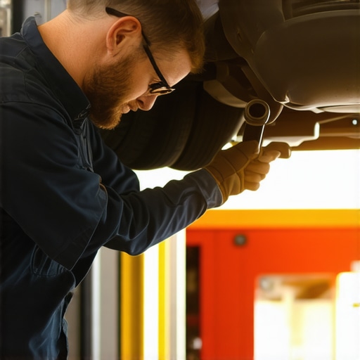 Inspecting steering components Mechanic examining car suspension and steering parts