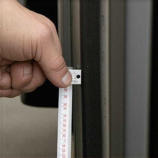 Person using a ruler to check brake pad thickness through the wheel opening