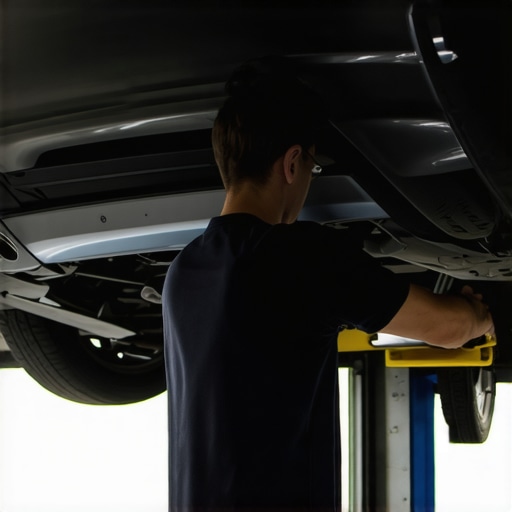 Automobile lift with a technician adjusting wheel alignment.