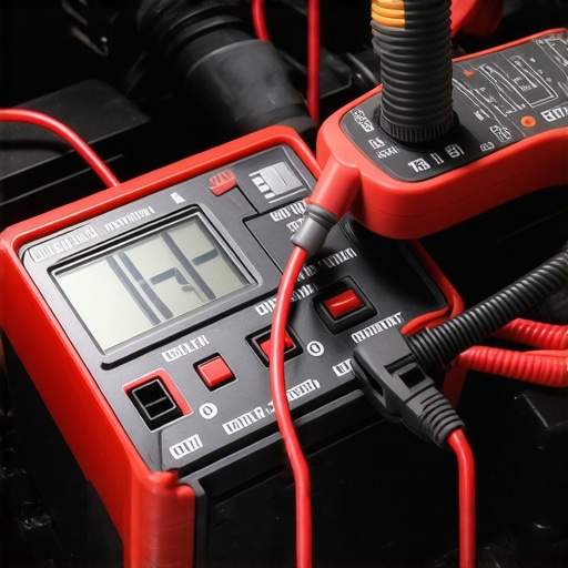 Person testing car battery voltage with a multimeter in a garage.