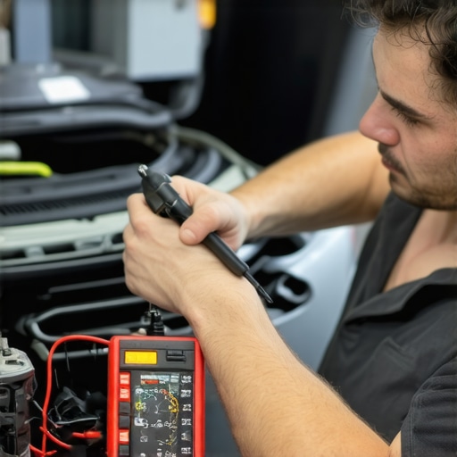 A technician measuring ignition coil resistance with a digital multimeter