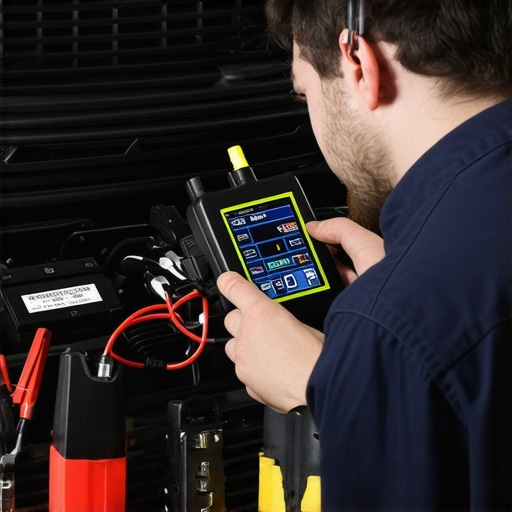 Mechanic diagnosing vehicle with high-tech scanner