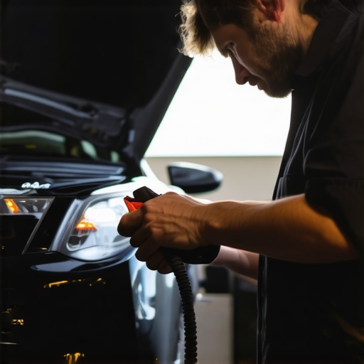 Mechanic connecting a diagnostic scanner to a car's OBD-II port in a garage.