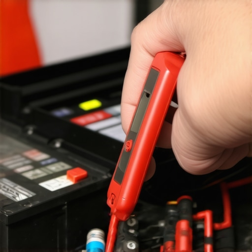 Using a Digital Multimeter During Car Maintenance Person testing car electrical system with a multimeter in a garage.