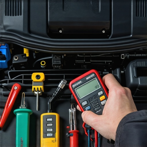 Automotive technician testing car electrical components with a multimeter