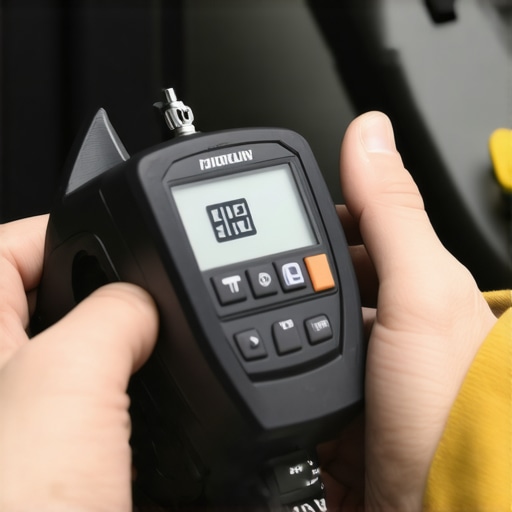 Close-up of a hand holding a digital brake rotor gauge measuring a brake disc in a garage