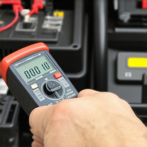 Using a digital multimeter for car maintenance Person testing car battery voltage with a multimeter