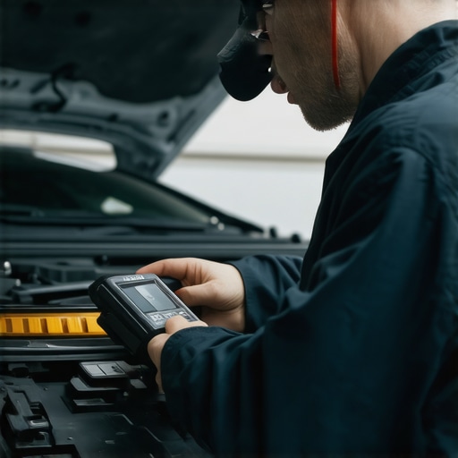 Mechanic diagnoses car issues with an OBD-II scanner in a workshop