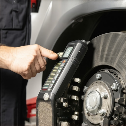 Mechanic inspecting brake pads with diagnostic tools in a workshop.