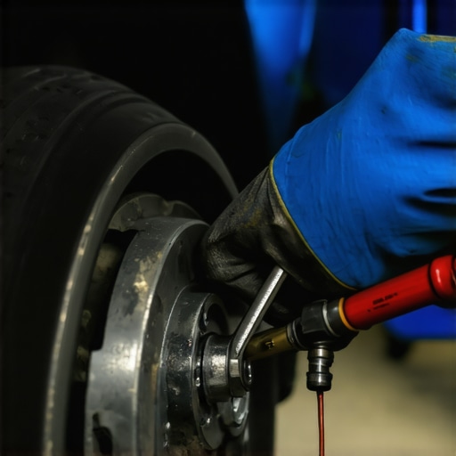 Mechanic bleeding brake lines to remove air from hydraulic system