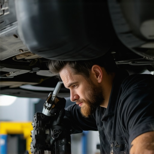 Mechanic inspecting brake pads and rotors beneath a vehicle