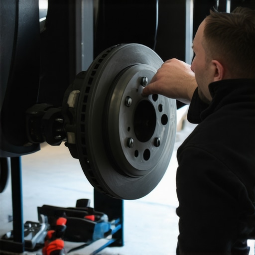 Mechanic inspecting brake pads and rotors during repair process.