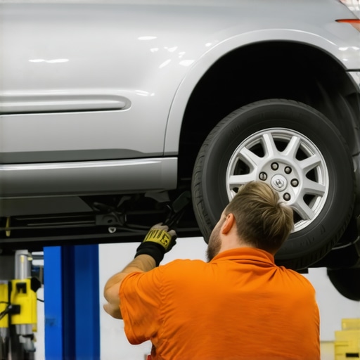 Mechanic performing wheel alignment under car in garage