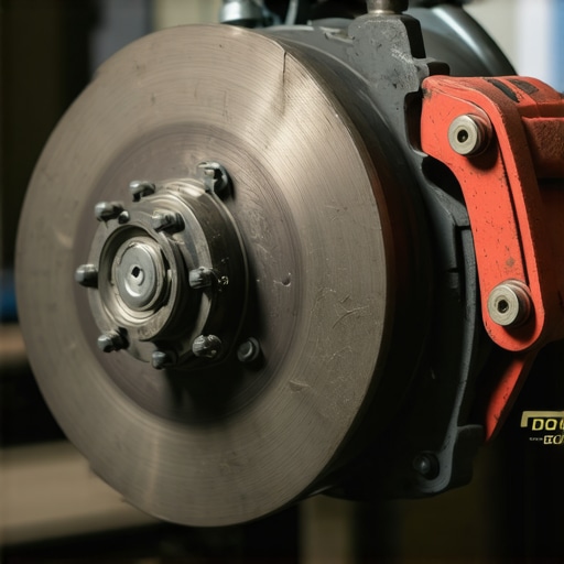 Car brake system inspection during service Mechanic inspecting a car's brake disc and pads during maintenance