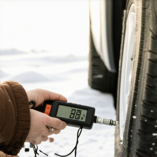 Person inspecting car tire pressure with a digital gauge during winter