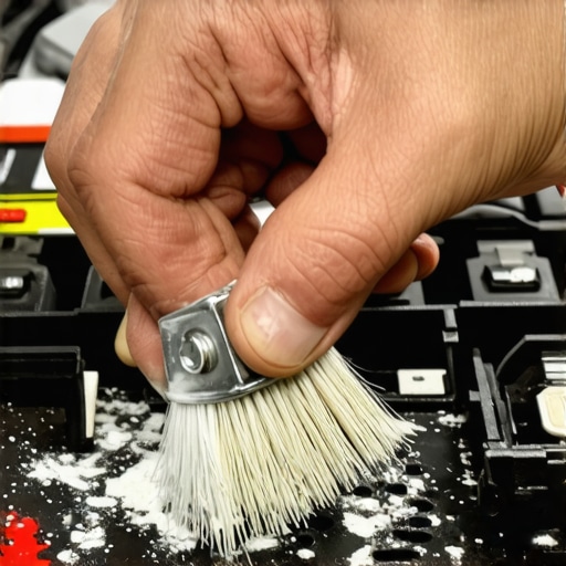 Person scrubing car battery terminals with brush and paste