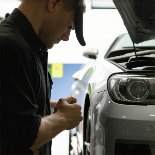 Mechanic measuring car alternator voltage with a multimeter in garage.