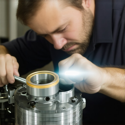 Mechanic inspecting engine components with flashlight