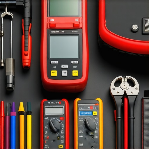 A professional garage setup with diagnostic scanner, multimeter, and brake tools ready for car maintenance.