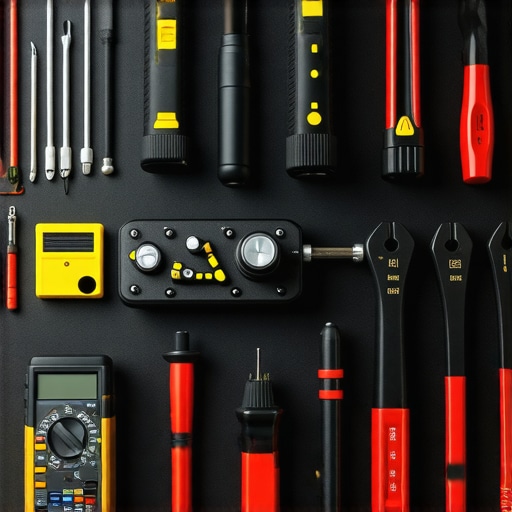 A collection of tools including a multimeter, brake caliper tools, and diagnostic scanner laid out on a workbench.