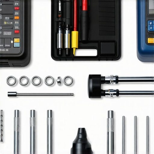 Tools for car repair including diagnostic scanner, multimeter, socket set, and fluid funnels